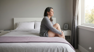 Woman sitting on a bed looking out a window representing the invisible challenges of living with hypermobile Ehlers-Danlos syndrome (hEDS), POTS and MCAS.